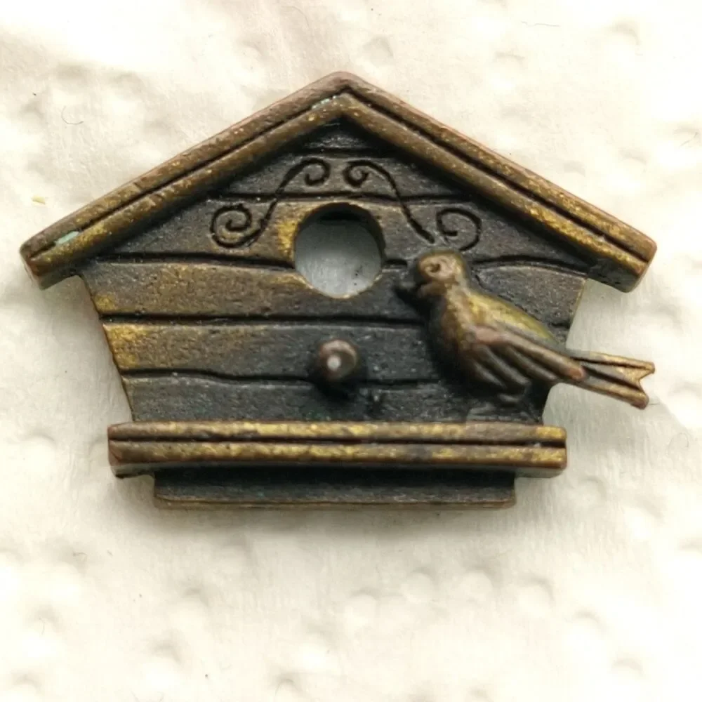 Brooch Vintage JJ Jonette Jewelry Birdhouse Bird Pin Brass Tone